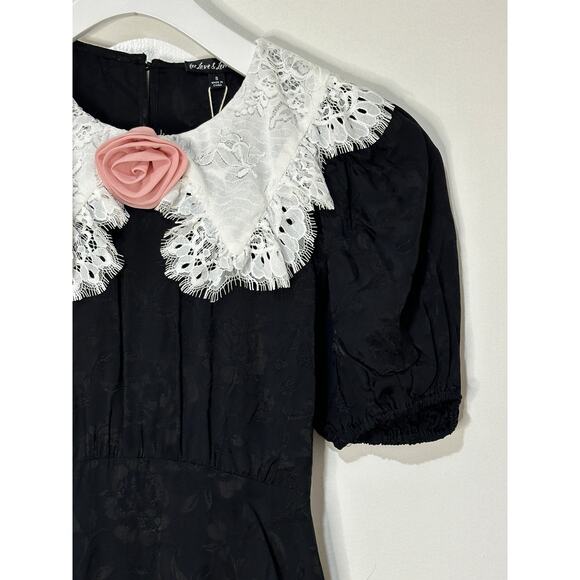 For Love & Lemons Yasmin Collared Floral Mini Dress Black White Size Small NWT - Picture 6 of 15